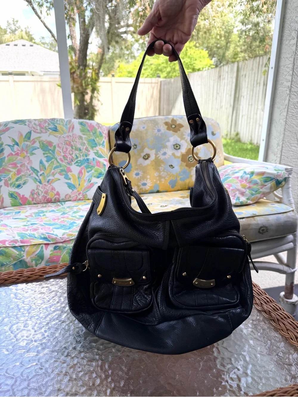 B Makowsky Black Pebbled Leather Slouchy Hobo Bag Gold Cargo Pockets